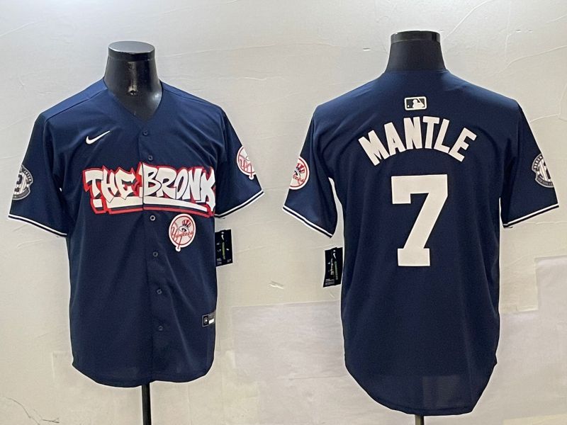 Men New York Yankees 7 Mantle Drak Blue four generations Joint Name 2025 Nike MLB Jersey style 6